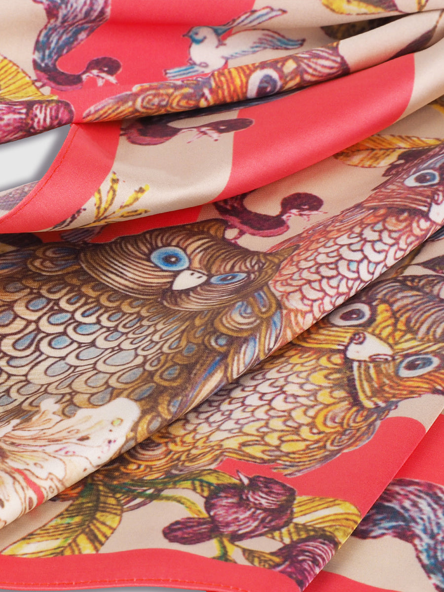 Red Sweet Owl & Pink Moon Scarf