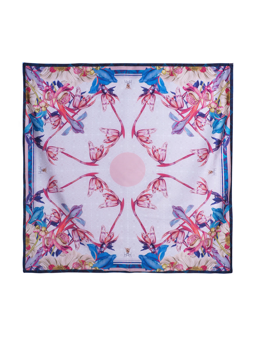 White Shala Flower with Blue Rim Scarf