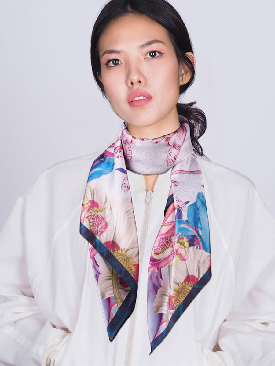 White Shala Flower with Blue Rim Scarf