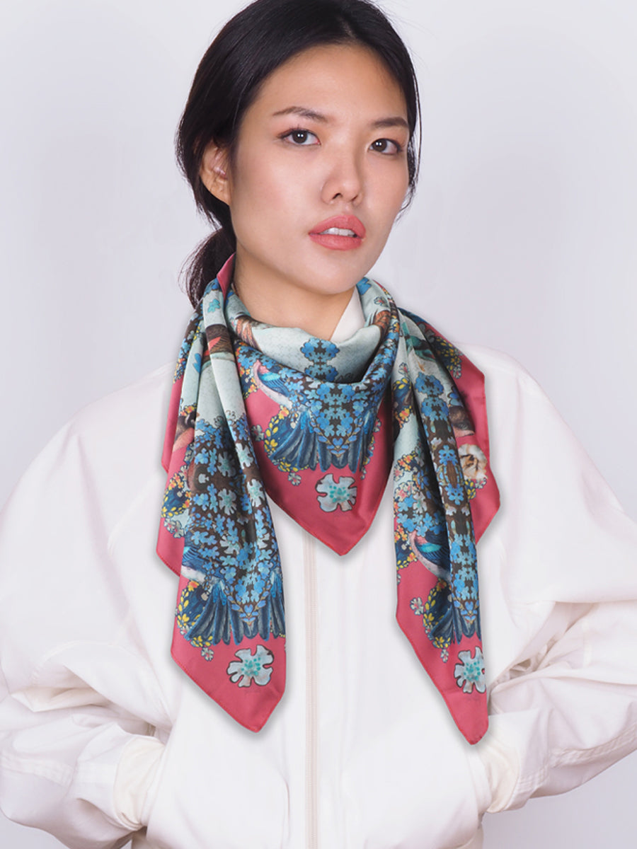 Red Bird & Zinnia Scarf