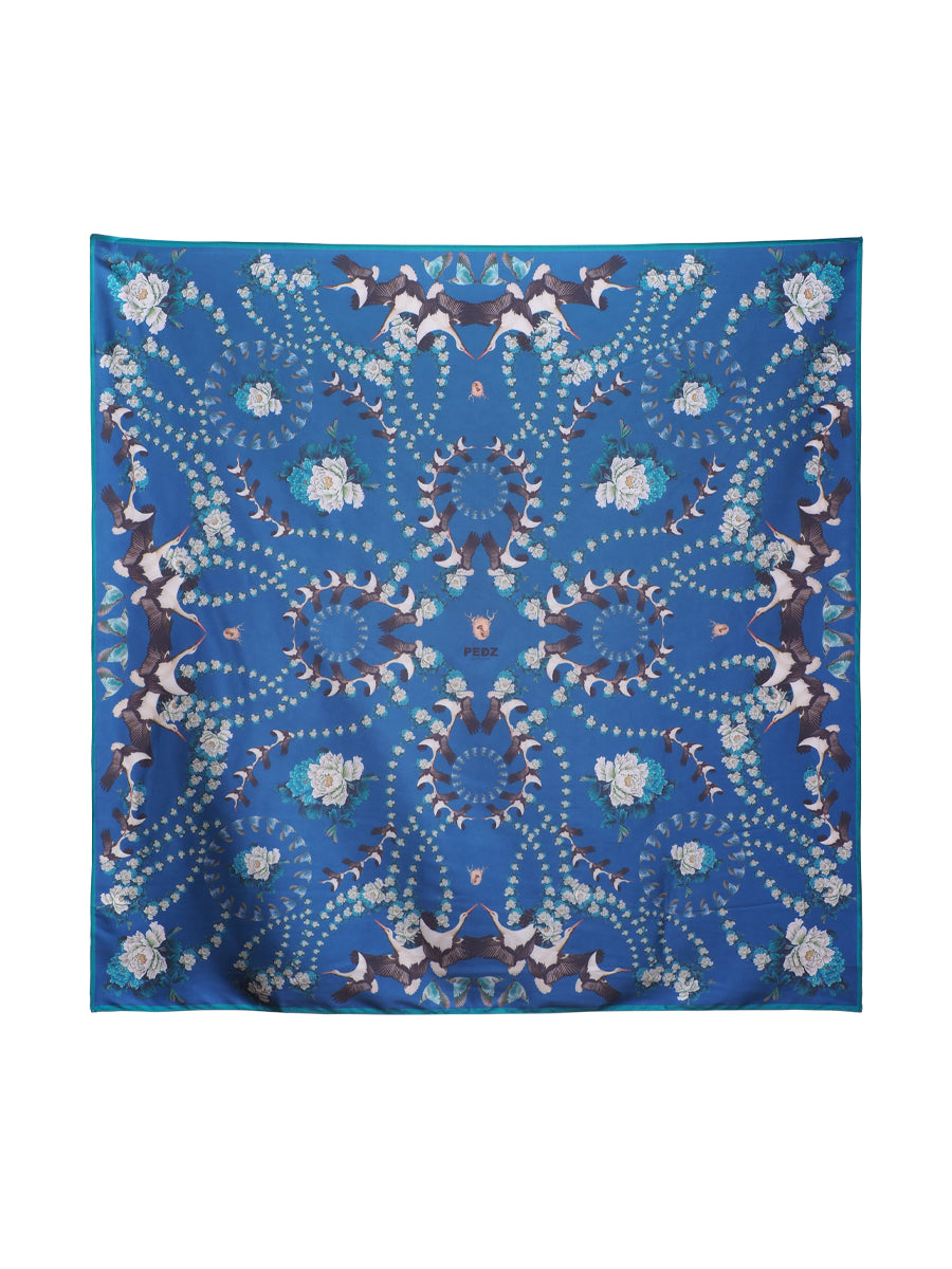 Blue Flying Cranes with Green Rim Scarf