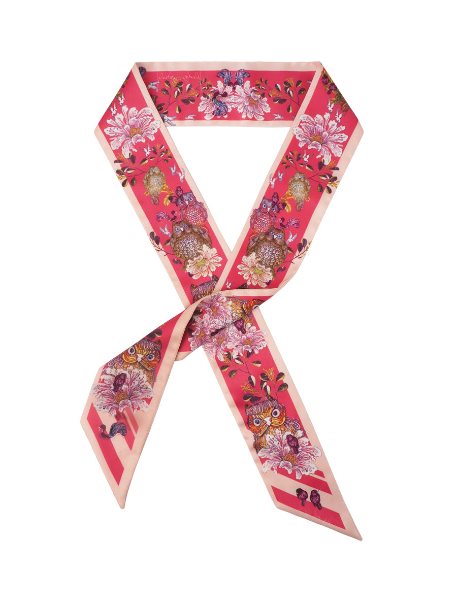Red Whimsical Sweet Owl Silk Satin Twilly Scarf