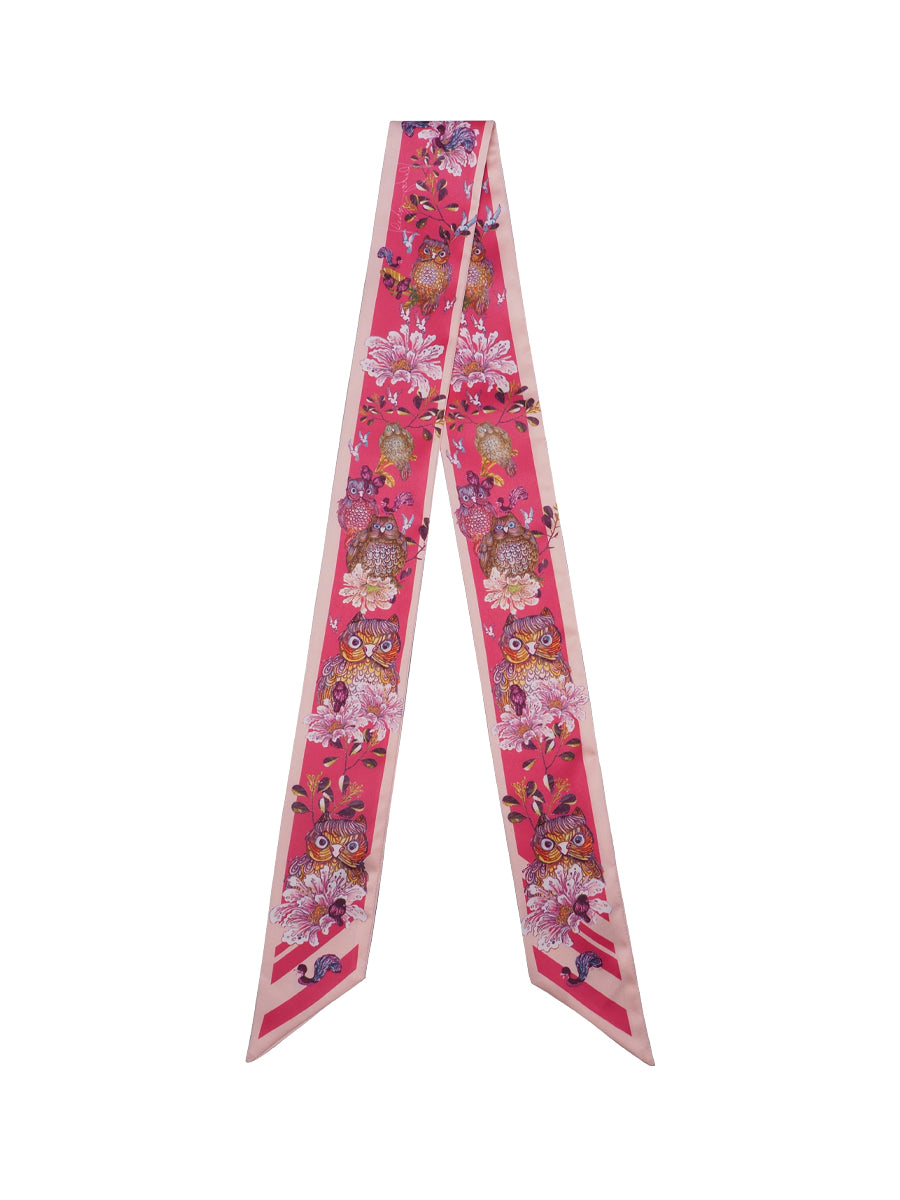 Red Whimsical Sweet Owl Silk Satin Twilly Scarf