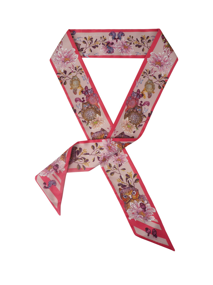 Pink Whimsical Sweet Owl Silk Satin Twilly Scarf