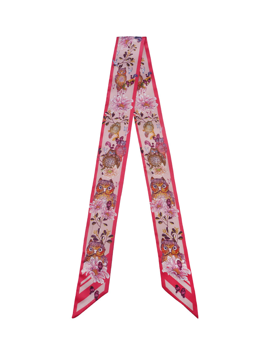 Pink Whimsical Sweet Owl Silk Satin Twilly Scarf