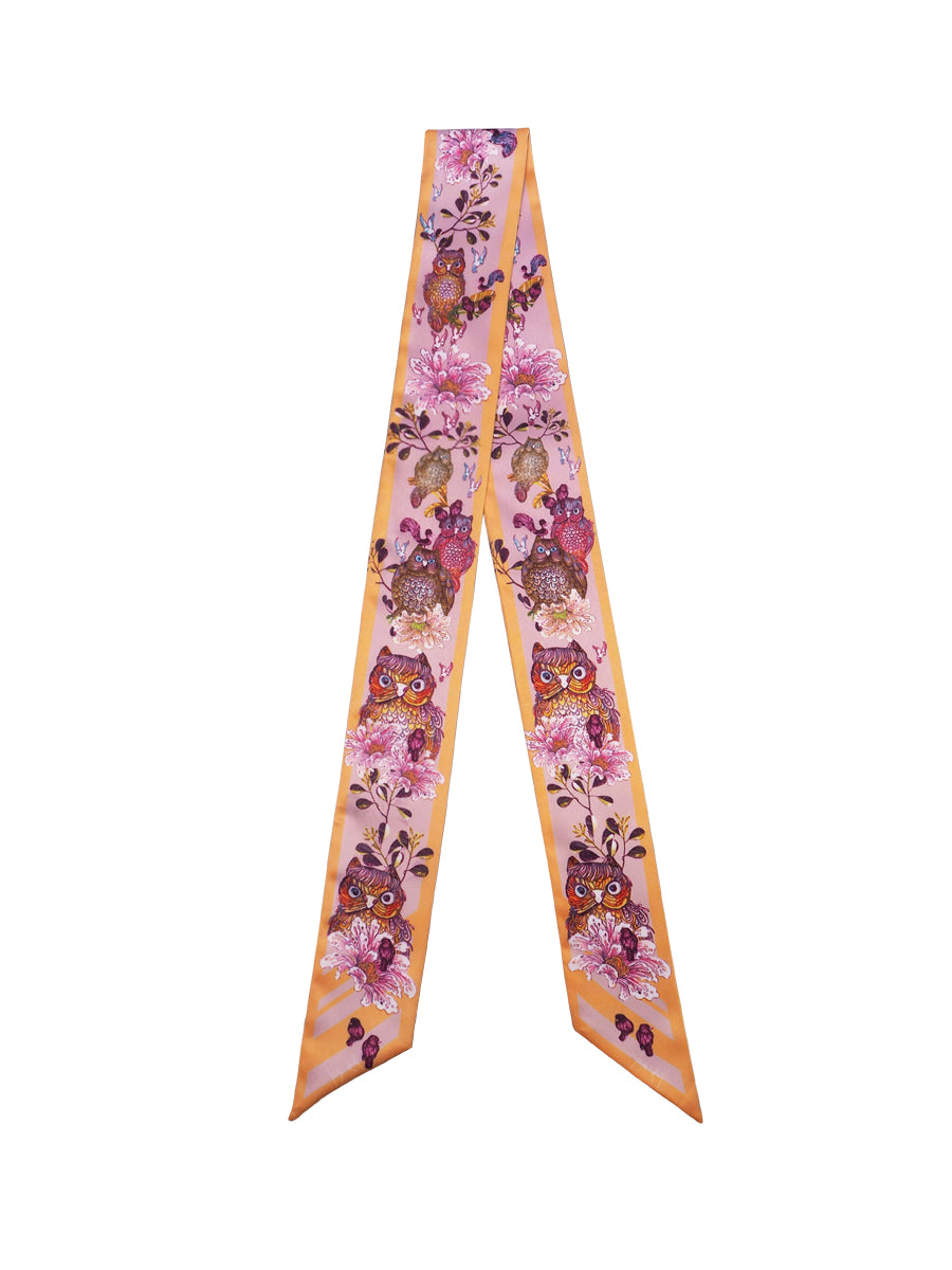 Yellow Whimsical Sweet Owl Silk Satin Twilly Scarf