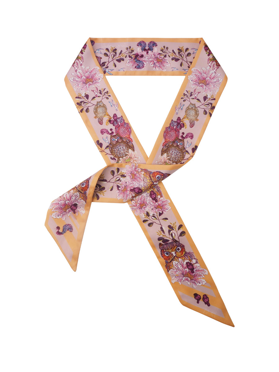 Yellow Whimsical Sweet Owl Silk Satin Twilly Scarf