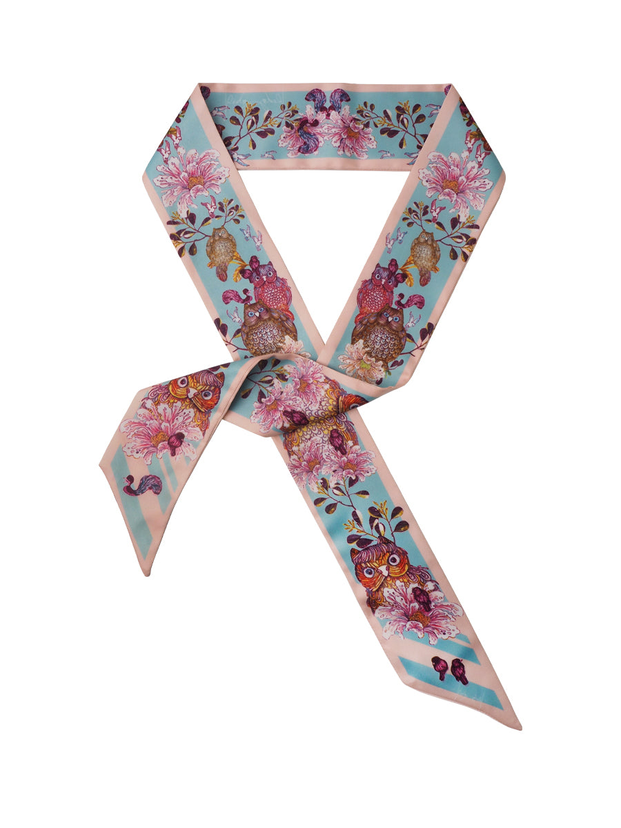 Light Blue Whimsical Sweet Owl Silk Satin Twilly Scarf
