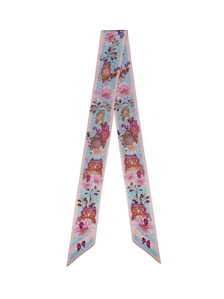 Light Blue Whimsical Sweet Owl Silk Satin Twilly Scarf